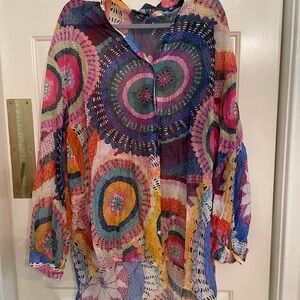 Never Fully Dressed Blue and Pink Graphic Long Sleeve Blouse